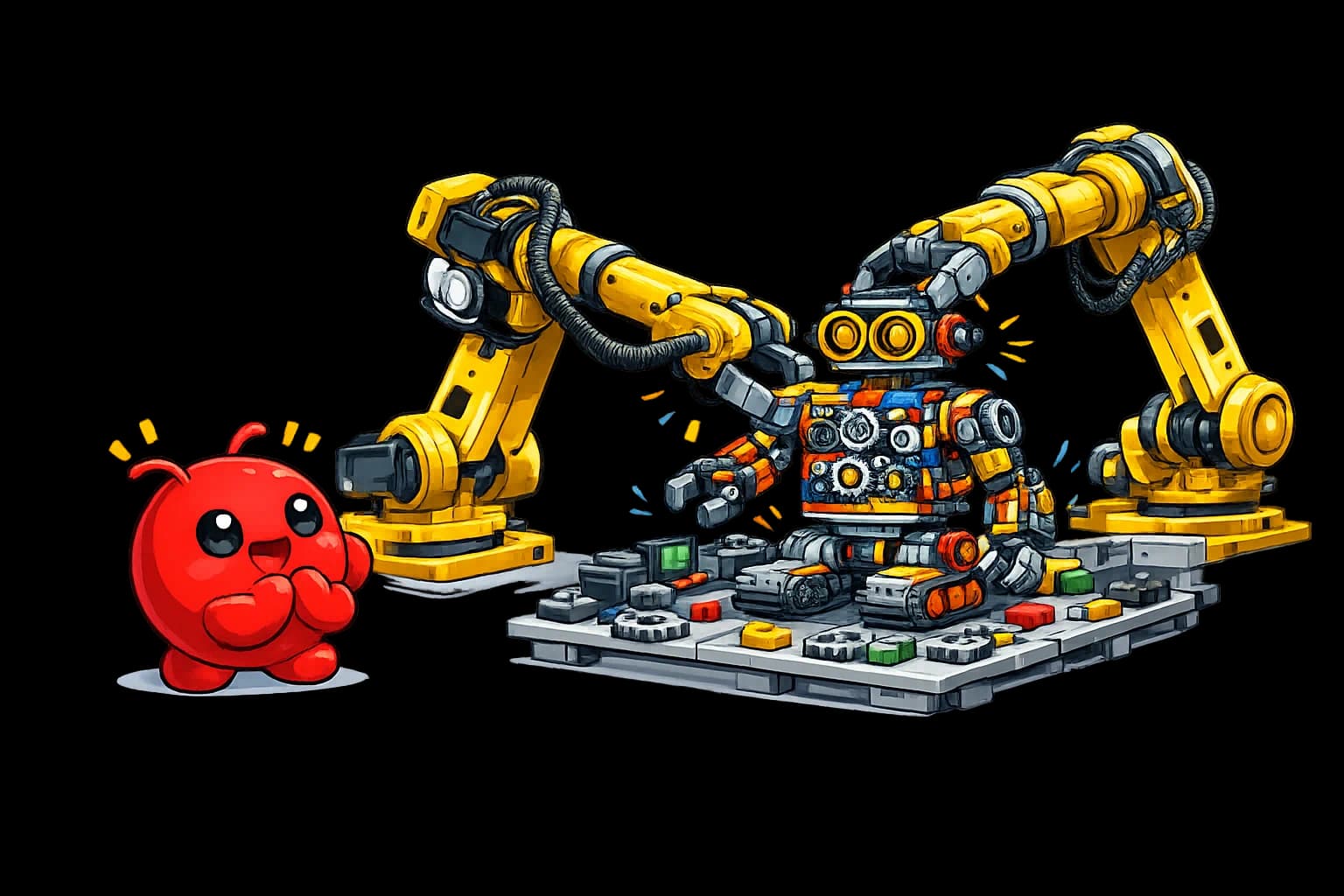 OpenClaw mascot with robotic assembly line